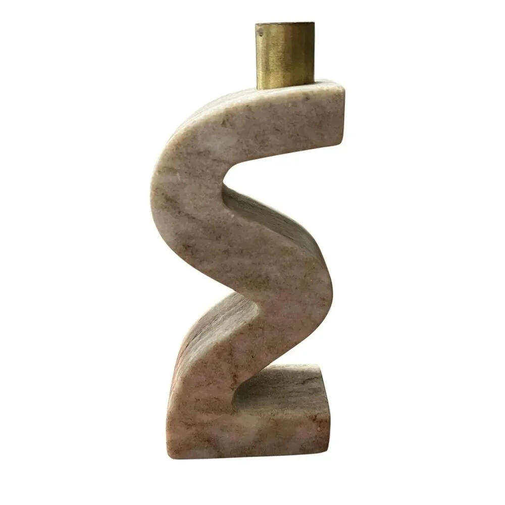 Marble Brass Abstract Zigzag Candlestick Holder Tan Handmade India Modern Decor